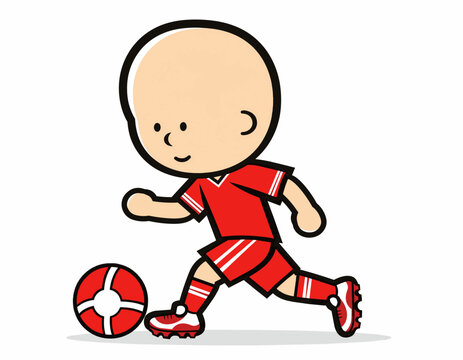 Little boy playing soccer in a red uniform dribbling a ball