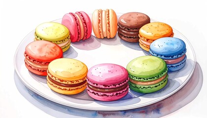 Fototapeta premium Assorted Colorful French Macarons Arranged in a Circle on a Ceramic Plate, Watercolor Illustration of Sweet Dessert Pastries, Macaroon Bakery Presentation on White Background