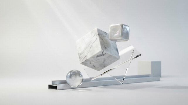 Geometric shapes, 3D metallic objects, silver cubes, industrial design elements, abstract still life 4k wallpaper