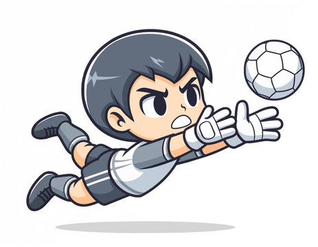 Cartoon boy goalkeeper diving to catch a soccer ball