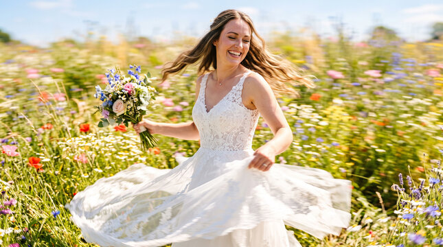 Happy bride running through wildflower field holding colorful bouquet on sunny summer day