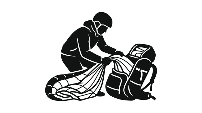 Skydiver packing parachute into backpack icon illustration.