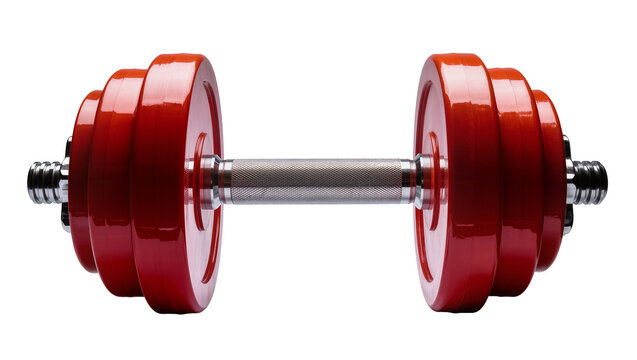 Isolated red adjustable dumbbell for fitness and strength training workout equipment.
