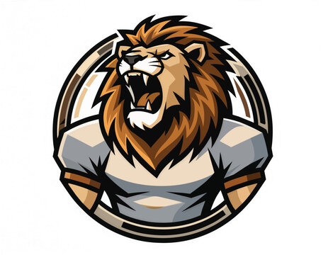 Fierce lion mascot wearing sports jersey roaring inside circle