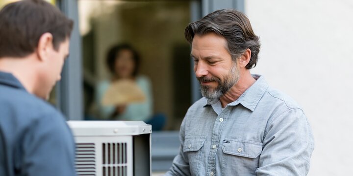 Man installing outdoor air conditioning unit