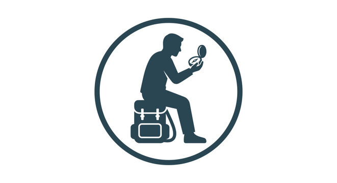 Silhouette icon of a traveler sitting on a backpack using a compass.