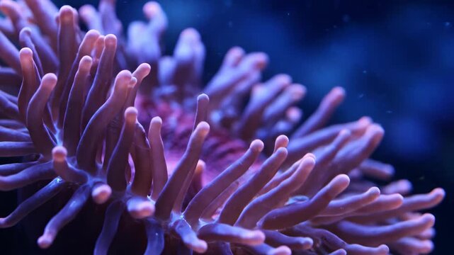A close up view of a vibrant purple sea anemone waving gently in dark blue water