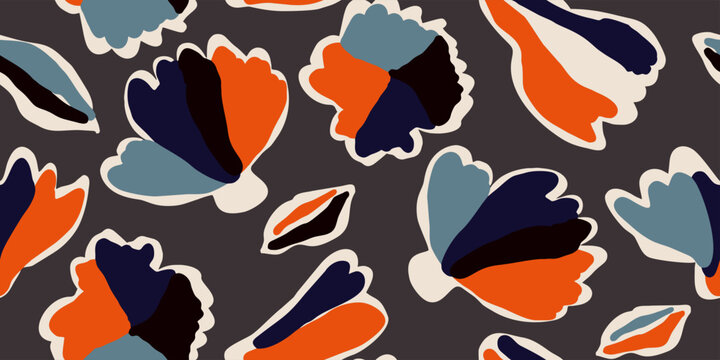 Hand-Drawn Organic Floral Orange and Blue Seamless Pattern Background