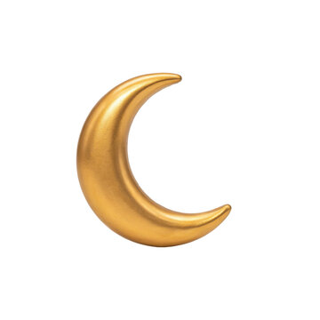 A smooth golden crescent moon with a metallic finish, isolated on a white background, religious or celestial themes