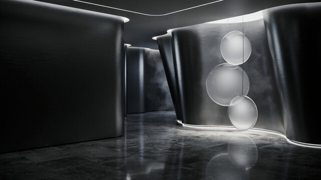 Futuristic interior, dark metallic room, glowing orbs, sleek architecture, modern design 4k wallpaper