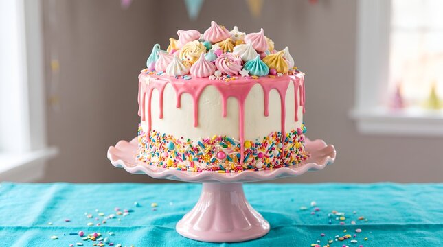 Decorated birthday cake on a pink cake stand