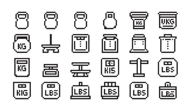 Collection of pixel art weights and scales. isolated vector icons for measurement and fitness.