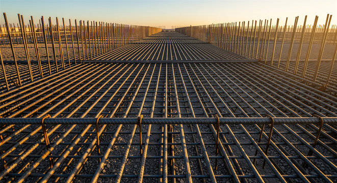 Industrial steel rebar grid on construction site, reinforced concrete foundation structure, metal reinforcement bars for civil engineering project