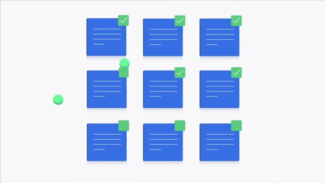 2D animated grid layout of blue application window frames loading with green checkmarks for cloud software deployment and system updates