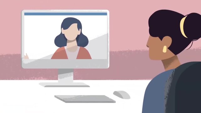 2D animated corporate manager conducting virtual video conference interview on computer desktop screen for human resources and remote hiring