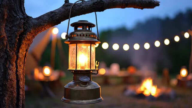 Vintage lantern hanging from a tree branch at a cozy campsite with campfire and string lights at dusk