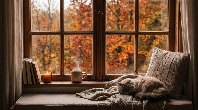 Sleeping cat resting on a cozy window seat during a peaceful autumn day