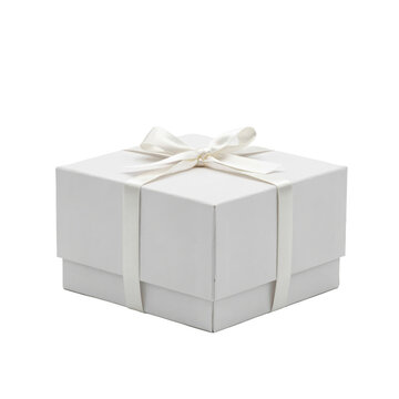 A square white gift box with a closed lid and a tied satin ribbon bow on isolated on a white background, for product presentation