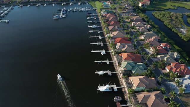Boats moored at private docks beside colorful waterfront homes along the Manatee River. Perfect for real estate promotions or travel features.