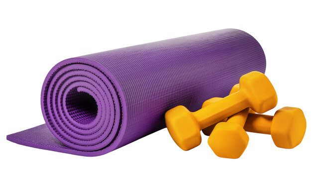 Isolated purple yoga mat and yellow dumbbells, essential equipment for fitness and workouts.