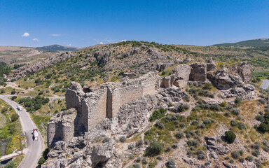 Fototapeta premium Aerial View of Hurman Castle in Daglica Afsin Kahramanmaras Turkey on Rocky Hill with Historic Ruins