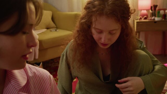 POV of multiethnic young women having pajama party, eating popcorn and talking to camera. Clip is suitable for youth lifestyle, friendship, and social media marketing campaigns