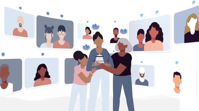 2D animated grid of video call avatars with a central multiethnic family chatting on phones for family connectivity apps and social media promos