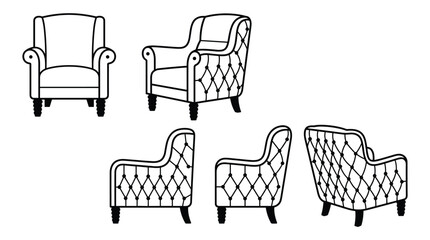 Fototapeta premium Set of classic armchair outlines, various angles showing elegant tufted design and rolled arms, vintage style lounge chair.