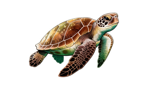 Isolated detailed colorful illustration of a beautiful sea turtle swimming marine animal wildlife