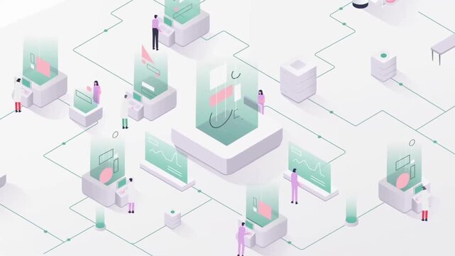 2D animated isometric healthcare data network layout with medical clinics and laboratory equipment loop for digital health apps and medical technology