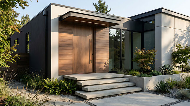Modern minimalist house exterior with sleek design and natural landscaping emphasizing contemporary architecture