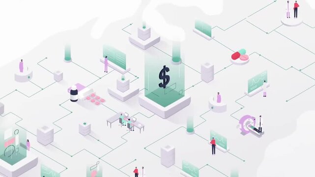 2D animated complex isometric city landscape showing banking hubs and data connections for digital financial network and fintech system explainers