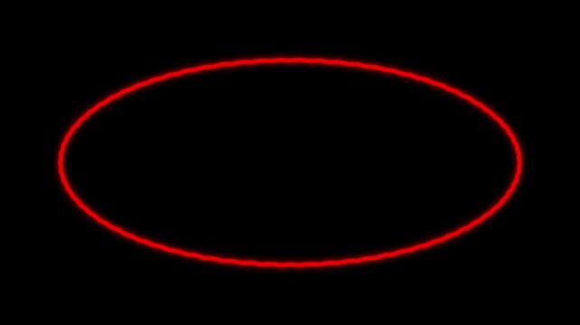 Glowing red neon oval frame on black background, vibrant light ring border for digital signage, futuristic luminous circle element for video editing