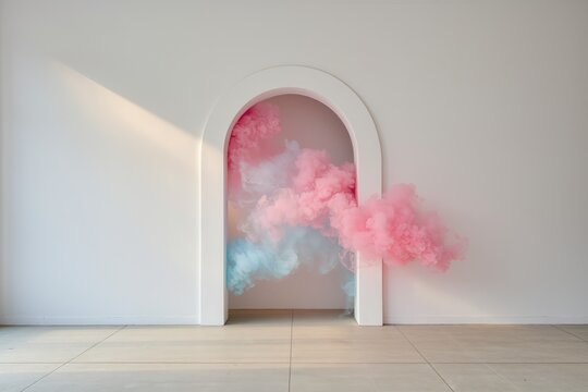 Horizontal minimalist shot of a white architectural archway with a soft cloud of pink and blue smoke floating through it, with golden sunlight shadow on a plain wall. AI generated.