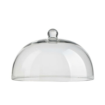 A transparent glass food cloche dome with a small spherical handle on for lifting, isolated on a plain white background, for display