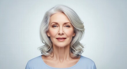 Fototapeta premium Close-up studio portrait of an elegant mature woman with silver hair smiling serenely, representing healthy aging and skin care on a blue background.
