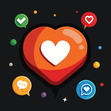 Social media engagement heart icon surrounded by notification bubbles and colorful planets on dark background for digital love and interaction concept.