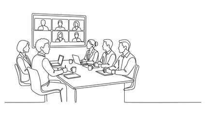 Obraz premium Continuous line drawing of a business meeting with remote video conference participants