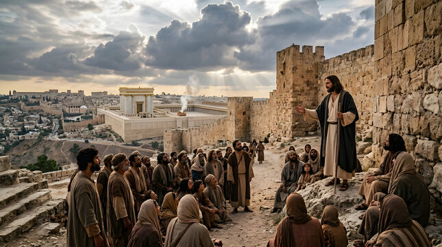 Jesus christ preaching to a crowd of disciples near the ancient city walls of jerusalem with the temple background