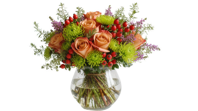 Isolated fresh vibrant bouquet of peach roses, green chrysanthemums, and red berries in glass vase