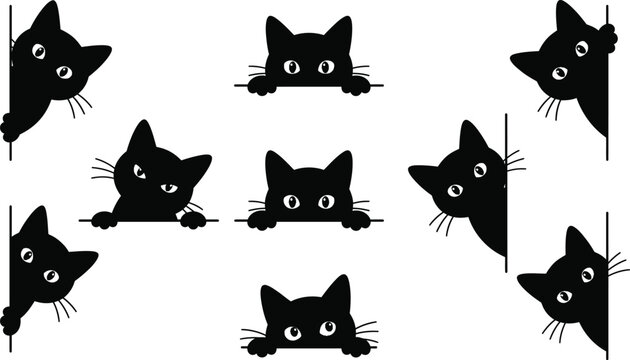 Cute Black Cat Peeking Faces Cartoon Vector Illustration Isolated Character Collection