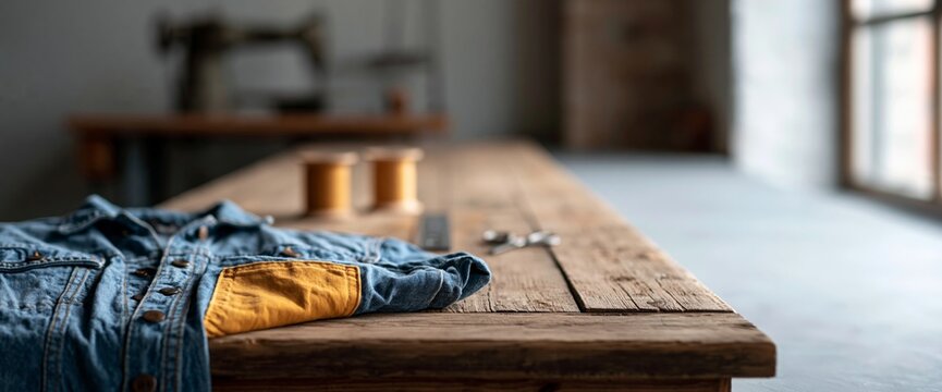 Denim jacket on rustic wooden table
