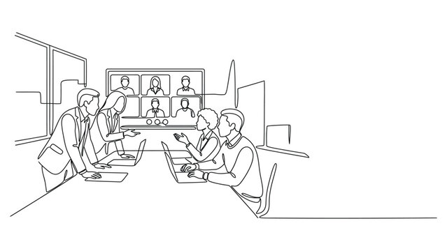 Continuous line drawing of a business meeting with video conference call
