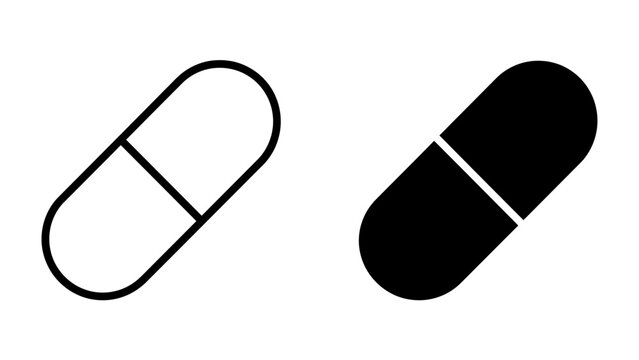 Capsule Icon Set: A simple, clean illustration showcasing two capsule icons, one outlined and the other solid black, representing medical or pharmaceutical concepts.