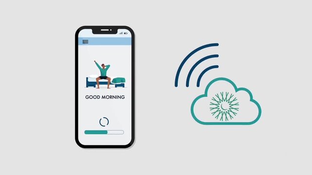 2D animated mobile smartphone displaying good morning message connecting to a smart cloud server network for internet of things tech explainers