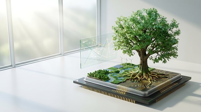 Digital Nature Concept with Tree Growing from Computer Processor Chip