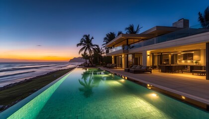 Fototapeta premium Modern luxury mansion on the oceanfront with glowing pool and terrace at sunset, real estate . 