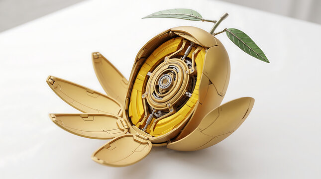 Mechanical orange fruit crafted with gold metal plating and intricate clockwork gears on white surface
