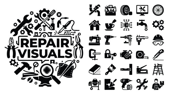 Repair visuals icon set, industrial maintenance and construction tools vector collection, black hardware equipment symbols for handyman services