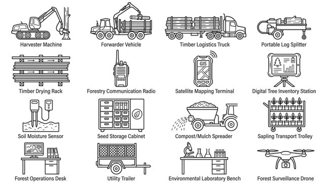 Forestry Equipment Icons: A collection of linear icons representing various forestry equipment and tools, including harvester machines, forwarder vehicles, timber trucks, and more.